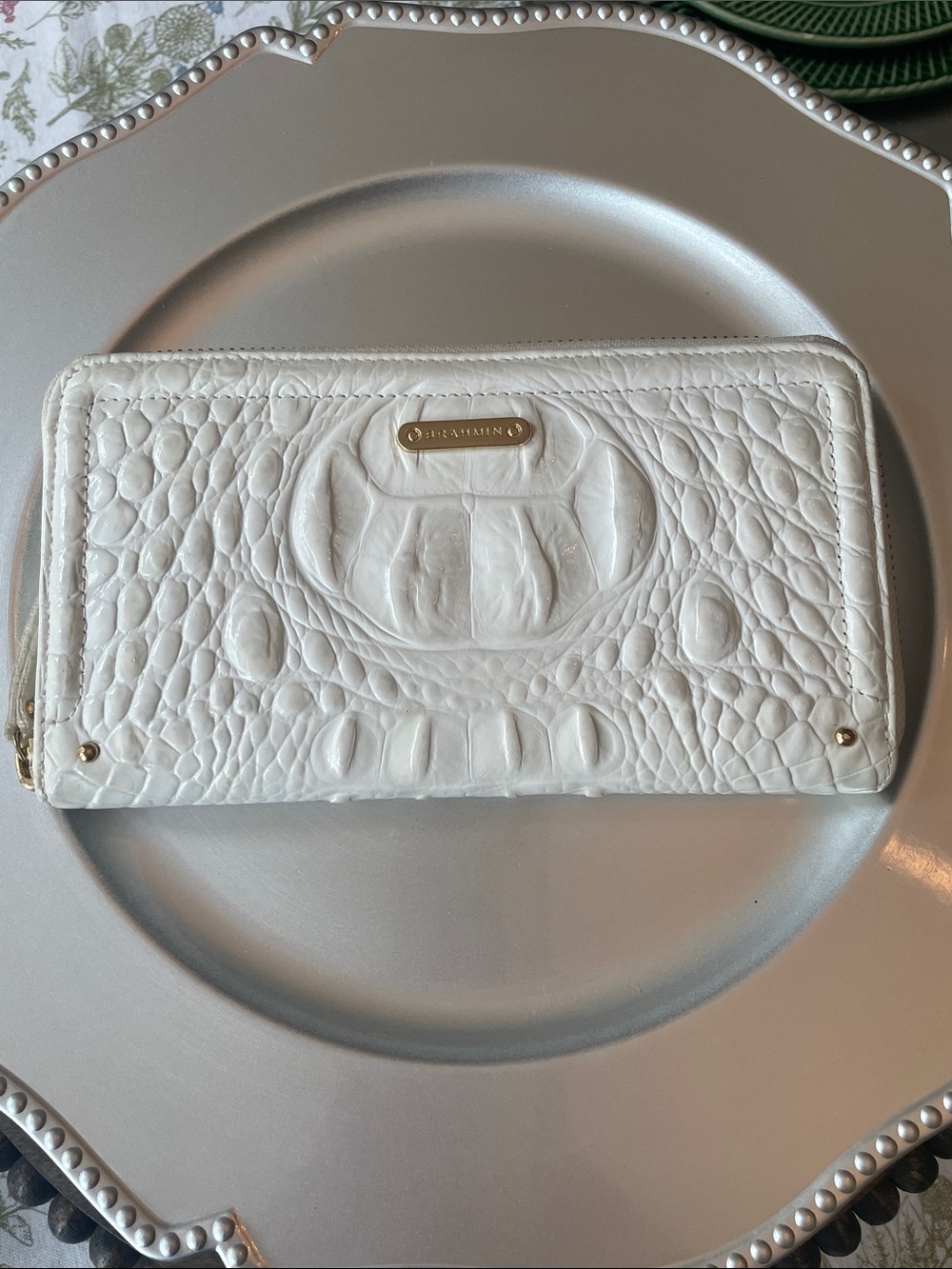 Brahmin White Croc-Embossed Zip Wallet with Gold Accent